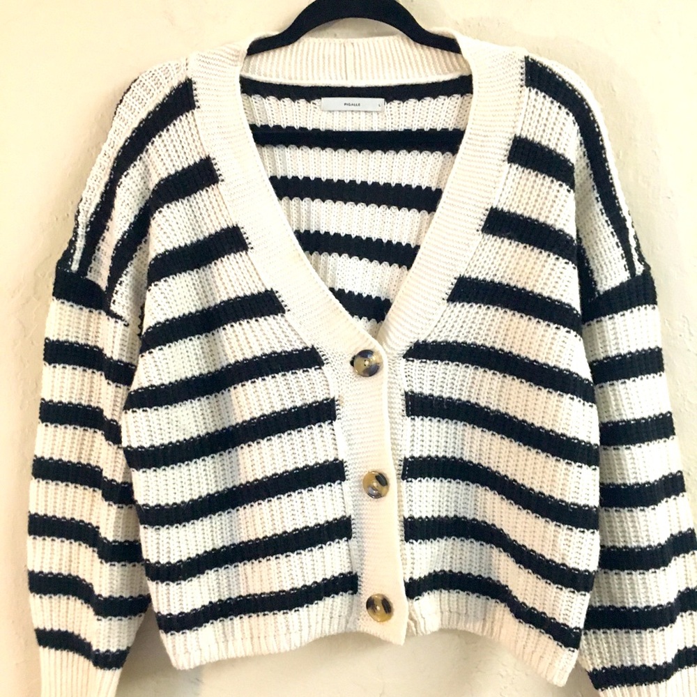 Pigalle Stripe Knit Cardigan Sweater Large Black White Relaxed Fit Boxy Crop